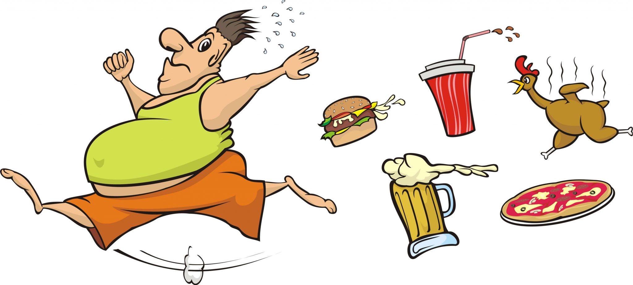 Image of a fat man chased by a pizza, a coke, a hamburger, a chicken, and a beer