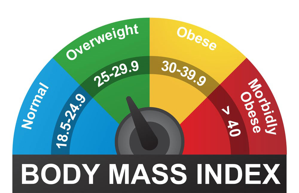 BMI or Body Mass Index infographic chart showing values for normal, overweight, obese, and morbidly obese subjects